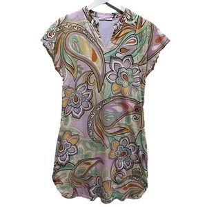 Feraud Paris Women's‎ Small Split Neck Cap Sleeve Paisley Dress Pastel Retro